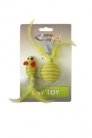 "Мышка и мячик с перьями" 5+4см серо-желтые, Cat toy mouse 5 cm and ball 4 cm with feather on card
