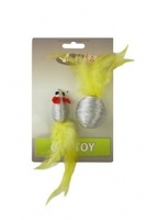 "Мышка и мячик с перьями" 5+4см серебряные, Cat toy mouse 5 cm and ball 4 cm with feather on card